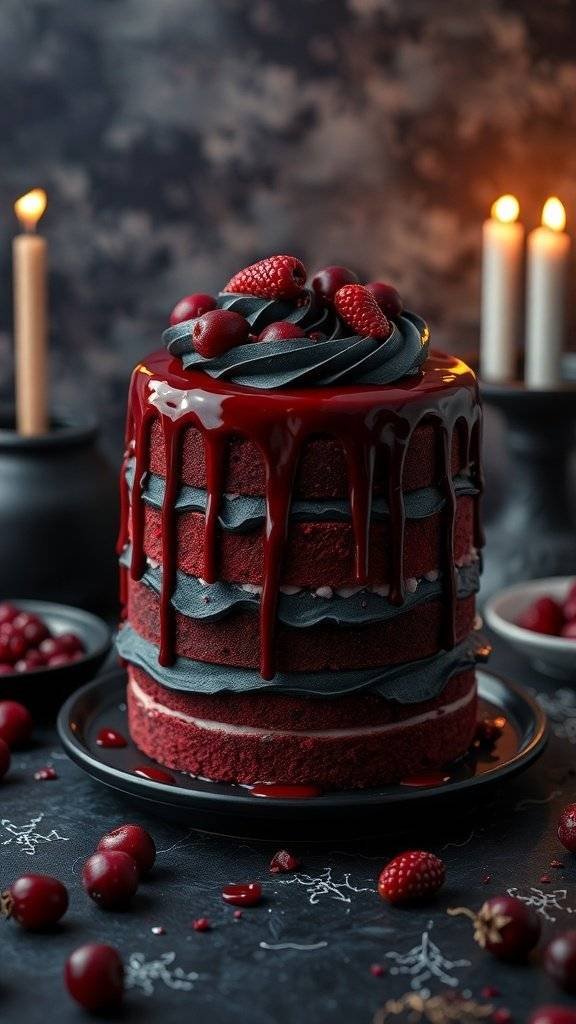 A gory red velvet cake with black buttercream, topped with berries and a red glaze, set against a dark, moody background.