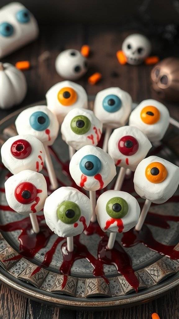 A plate of spooky marshmallow eyeball pops decorated with edible gel and raspberry sauce.