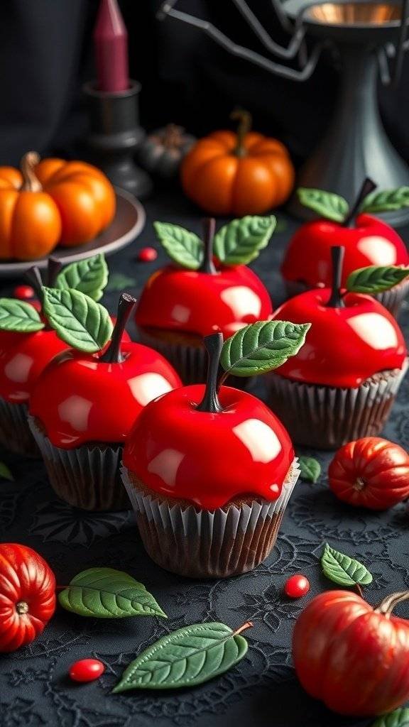 Chilling Poison Apple Cupcakes decorated with red glaze and green leaves