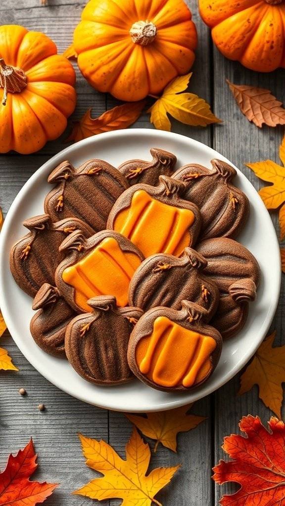Plate of chocolate pumpkin spice cookies decorated with orange icing, surrounded by pumpkins and autumn leaves.