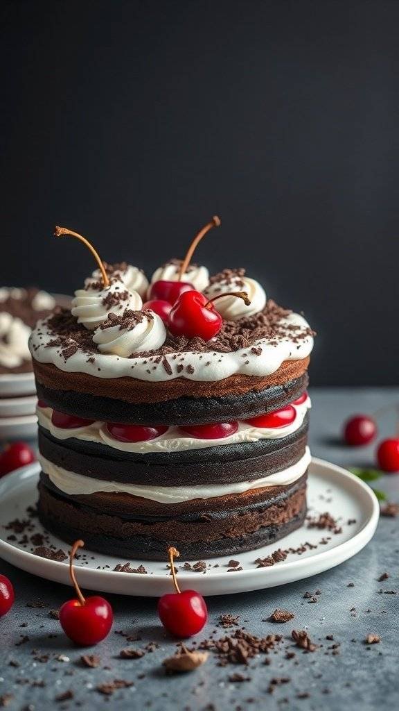 A Gothic Black Forest Cake with layers of dark chocolate, whipped cream, and cherries on a plate.