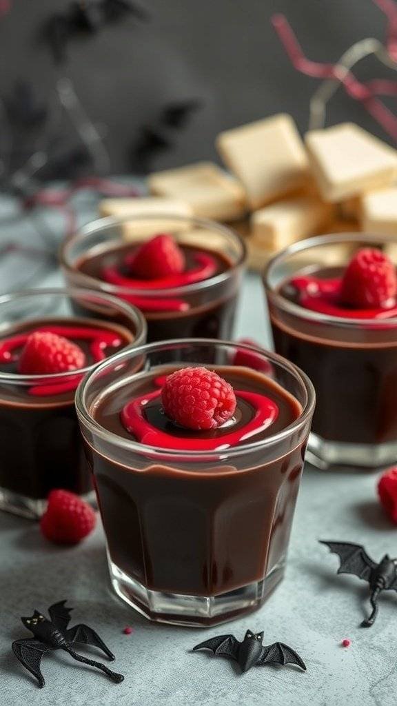 Vile Vampire Blood Pudding Cups with raspberry sauce and fresh raspberries