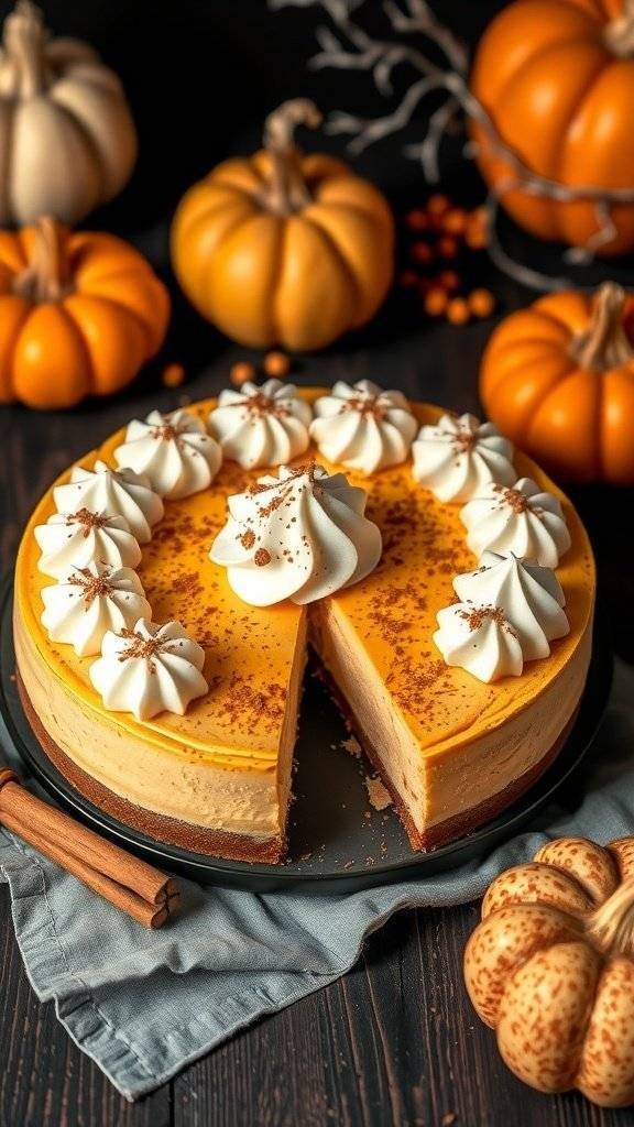 A slice of pumpkin spice latte cheesecake topped with whipped cream and cinnamon, surrounded by small pumpkins and cinnamon sticks.