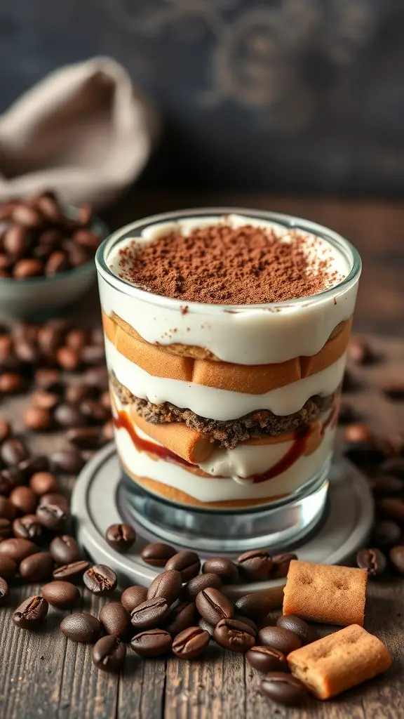 A glass of classic tiramisu layered with coffee-soaked ladyfingers and creamy mascarpone, surrounded by coffee beans.