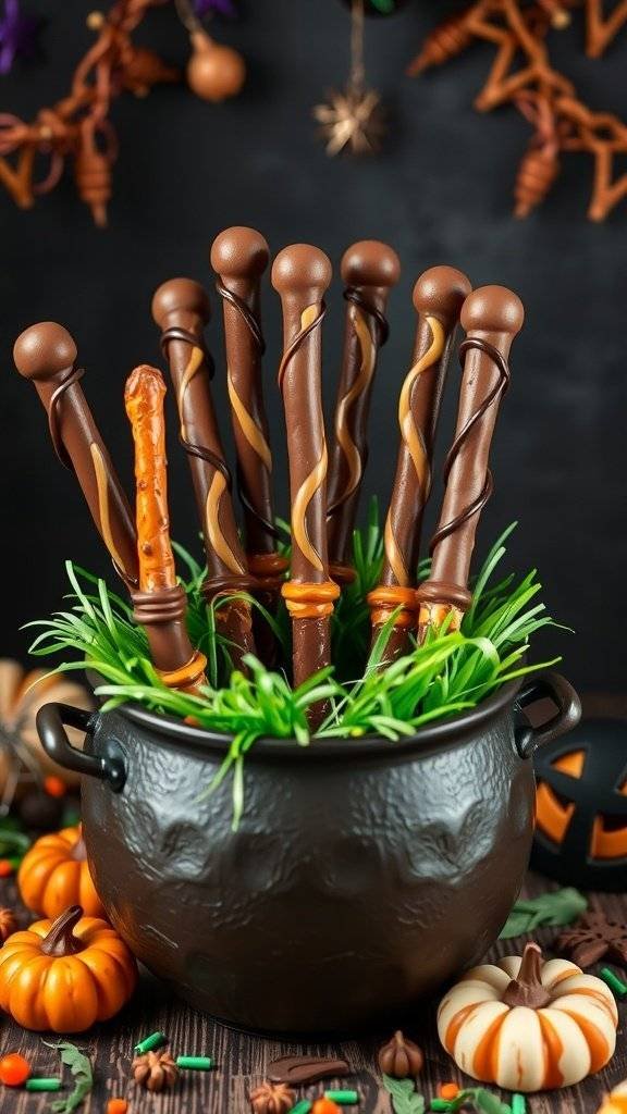 Chocolate-covered pretzel broomsticks in a black cauldron, surrounded by Halloween decorations.