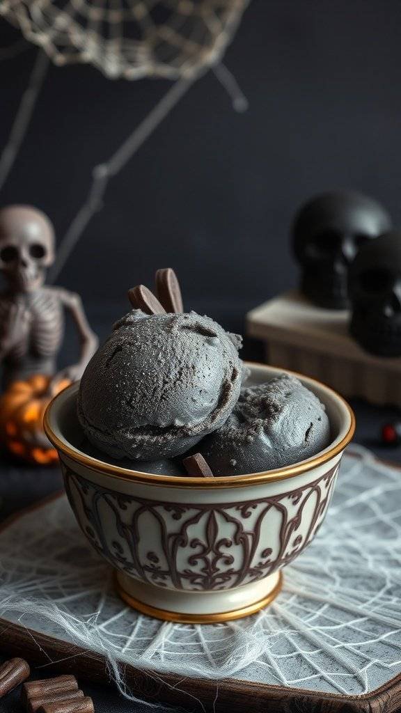 A bowl of black licorice ice cream with a spooky Halloween theme.