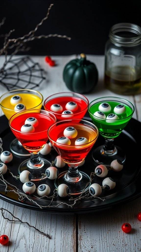 Colorful gelatin cups with candy eyeballs for Halloween