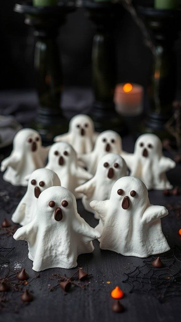 A collection of marshmallow ghosts with chocolate chip eyes, set against a dark Halloween-themed background.