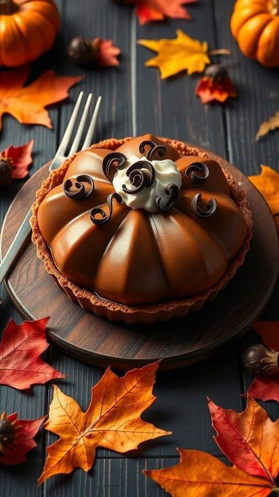 Gothic Chocolate Pumpkin Tart with chocolate curls and autumn leaves