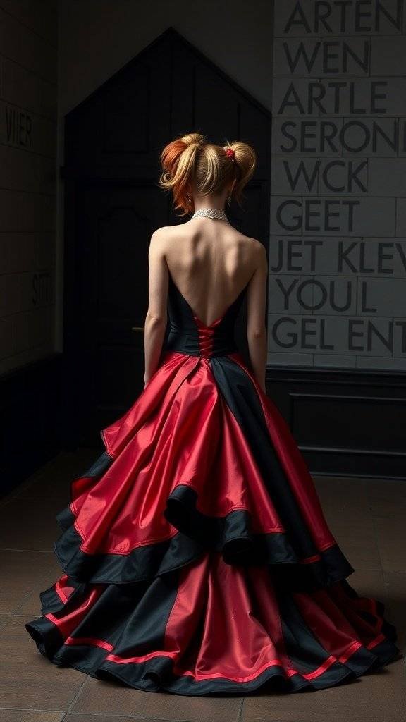 A wedding dress inspired by Harley Quinn, featuring red and black colors with playful ruffles.