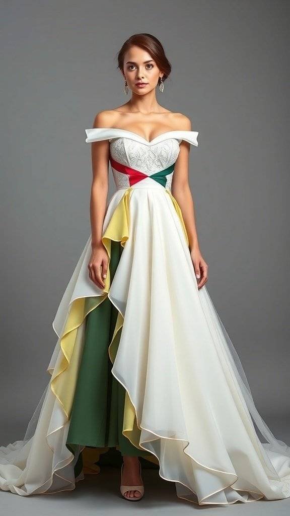 A model wearing a wedding dress inspired by Two-Face, featuring a dual-colored design with one side white and the other black, complemented by a tailored blazer.