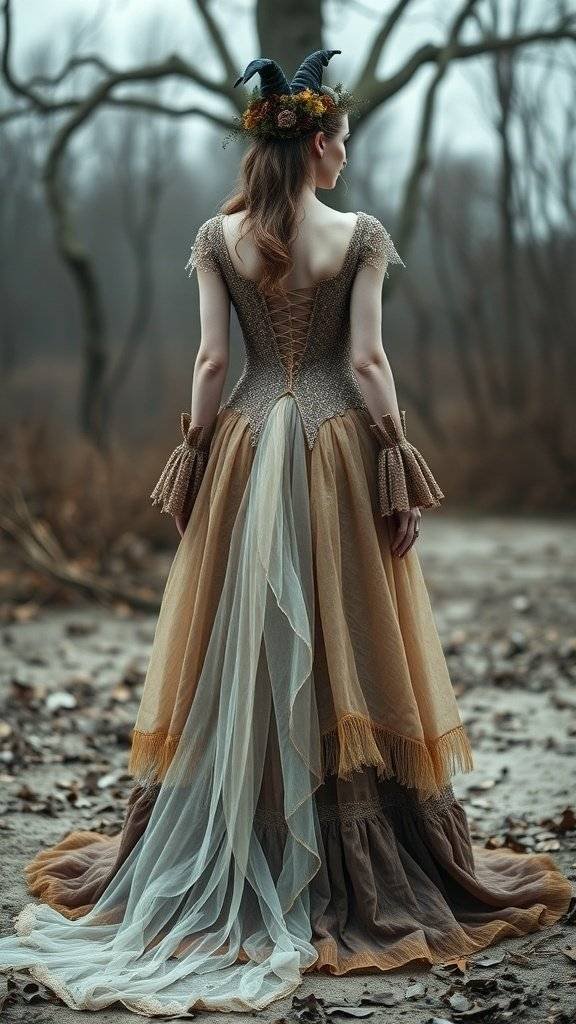 A wedding dress inspired by Scarecrow featuring a corset bodice, layered earthy tones, and a horned headpiece.
