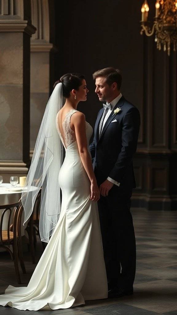 A bride in a sleek wedding dress with lace detailing, standing with her groom in an elegant setting.