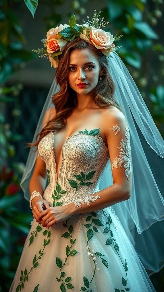 A wedding dress inspired by Poison Ivy, featuring floral details and a flowing design.