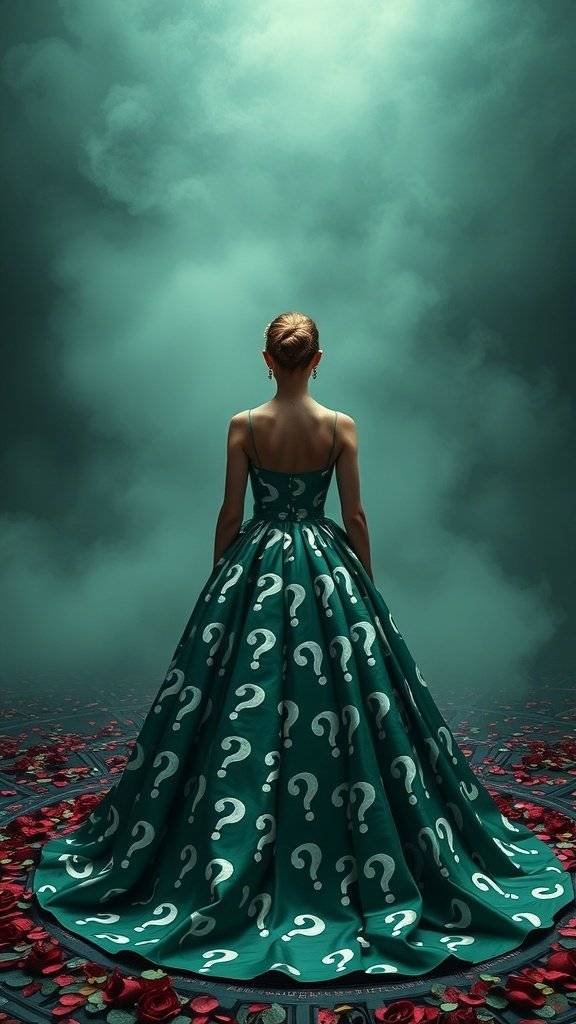 A wedding dress inspired by the Riddler, featuring a green fabric with question marks, surrounded by rose petals.