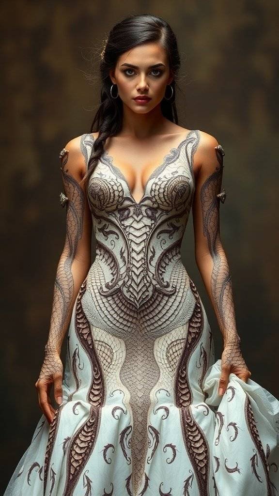 A wedding dress inspired by Killer Croc, featuring unique textures and a flowing design.
