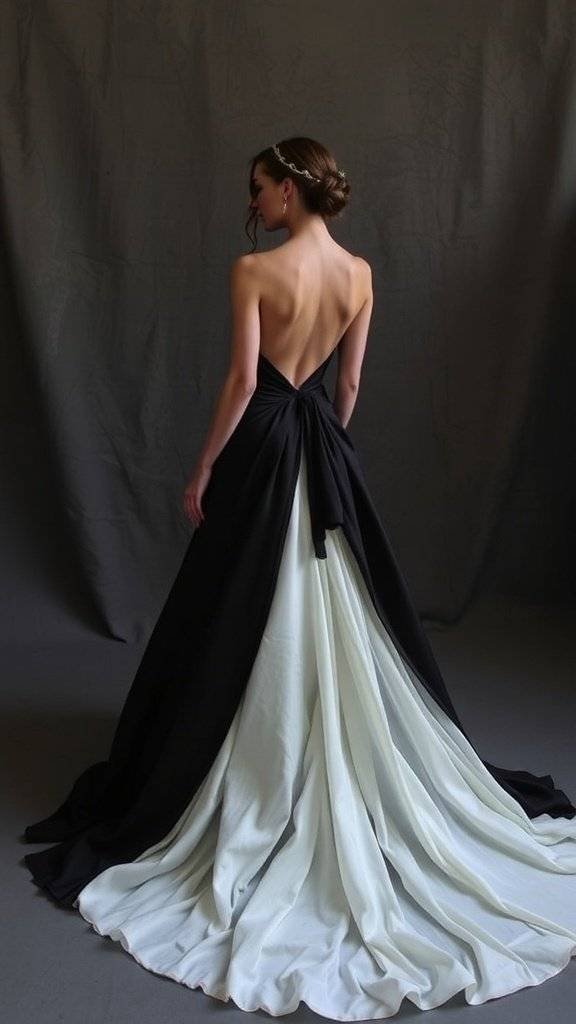 A model in a sleek, flowing wedding dress inspired by Hush, with a smoky backdrop.