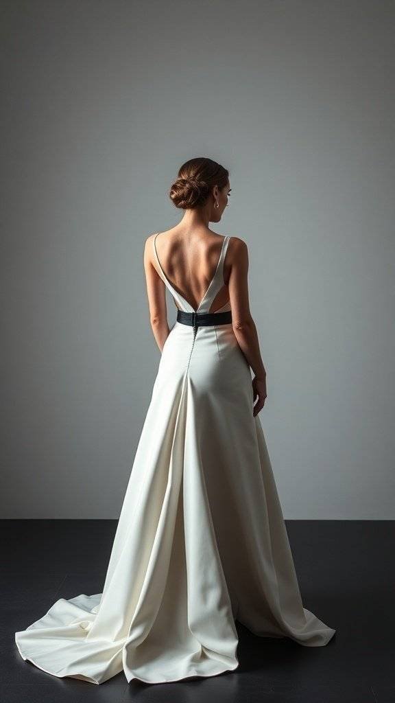 A back view of a minimalist wedding dress with a black detail, inspired by Victor Zsasz.