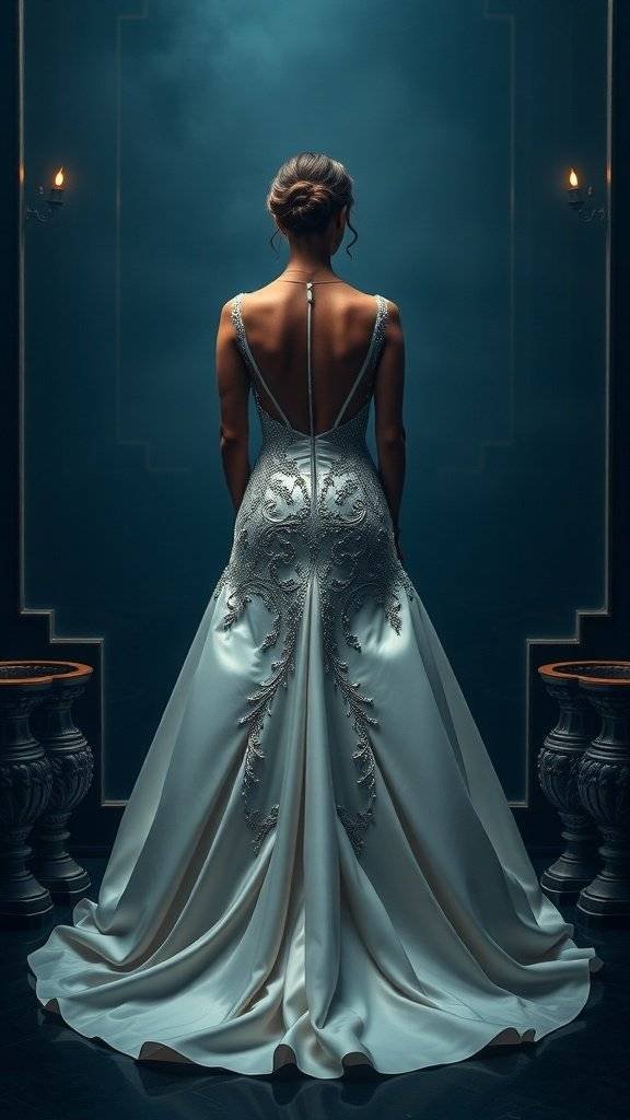 A stunning wedding dress with intricate detailing, showcasing a sleek design and a beautiful back view.