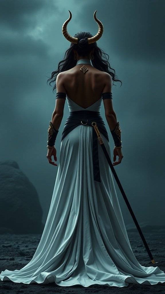 A woman wearing a warrior-inspired wedding dress with a horned headpiece, symbolizing Lady Shiva's spirit.