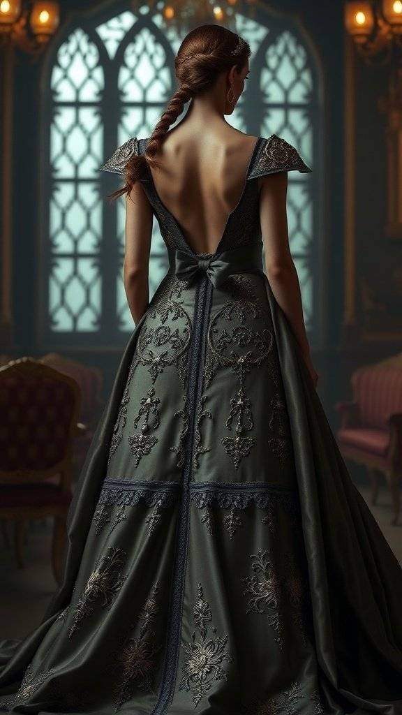 A stunning wedding dress inspired by Talia al Ghul, featuring deep green fabric and intricate embroidery.
