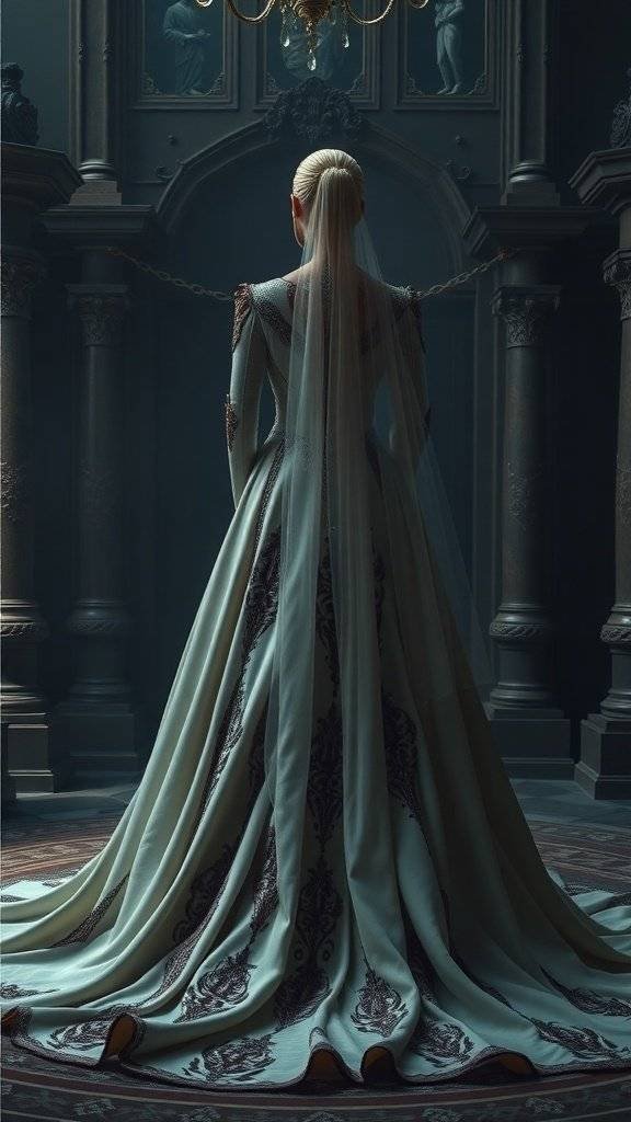 A wedding dress inspired by Ra's al Ghul, featuring intricate details and a flowinag train, set in a grand, elegant environment.