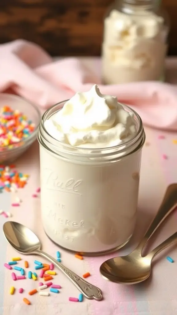 A jar of marshmallow fluff topped with whipped cream and colorful sprinkles.