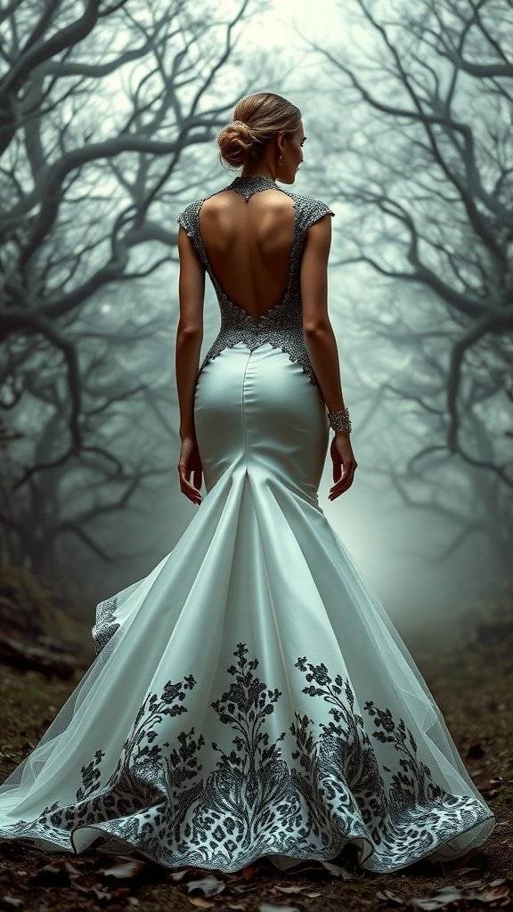 A woman in a wedding dress inspired by Cheetah, featuring a sleek silhouette and an open back, set against a misty forest backdrop.