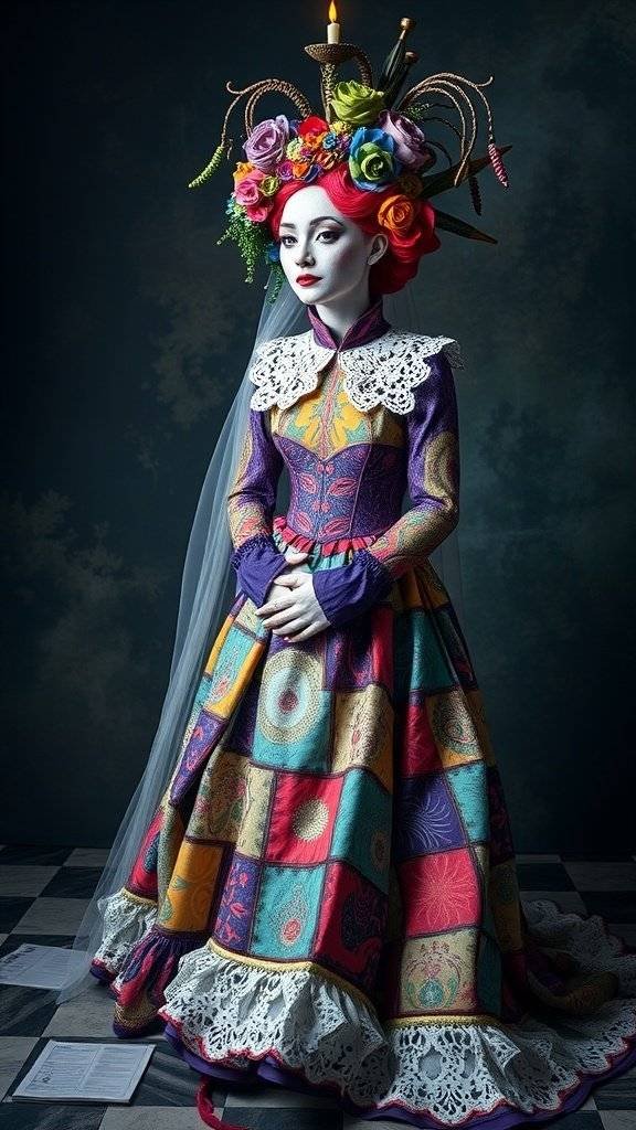 A colorful wedding dress inspired by the Mad Hatter, featuring a patchwork design and a floral headpiece.