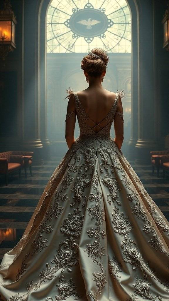 A stunning wedding dress inspired by the Penguin from Gotham, featuring intricate embroidery and a flowing silhouette.