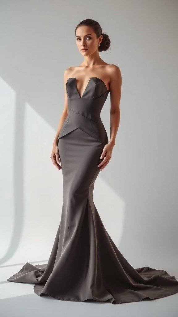 A wedding dress inspired by Black Mask, featuring a fitted bodice and flowing skirt in black and white.