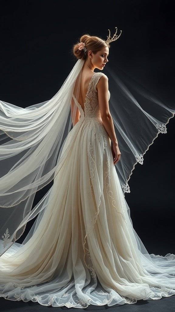 A bride in a stunning blue wedding dress with butterfly wings, inspired by Gotham's villains.