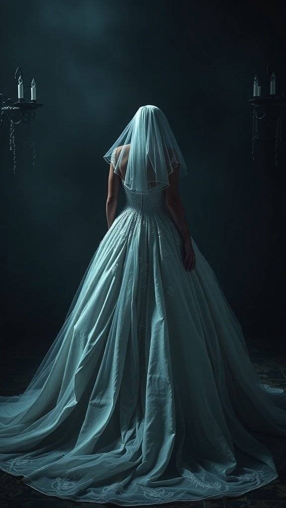 A bride in a flowing pale wedding dress with a veil, set against a dark background with candles.