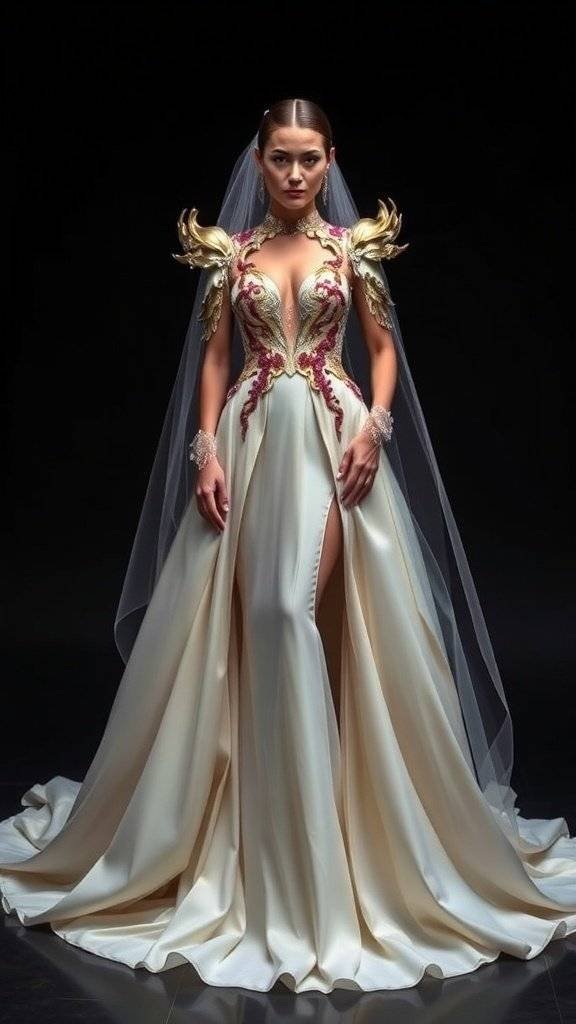 A wedding dress inspired by Ravager, featuring a fitted bodice, horned headpiece, and flowing skirt with a pink ribbon.