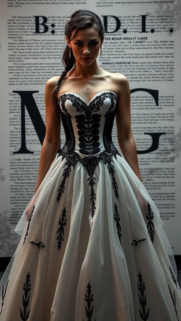 A wedding dress inspired by Black Canary, featuring a fitted bodice with black detailing and a flowing white skirt.