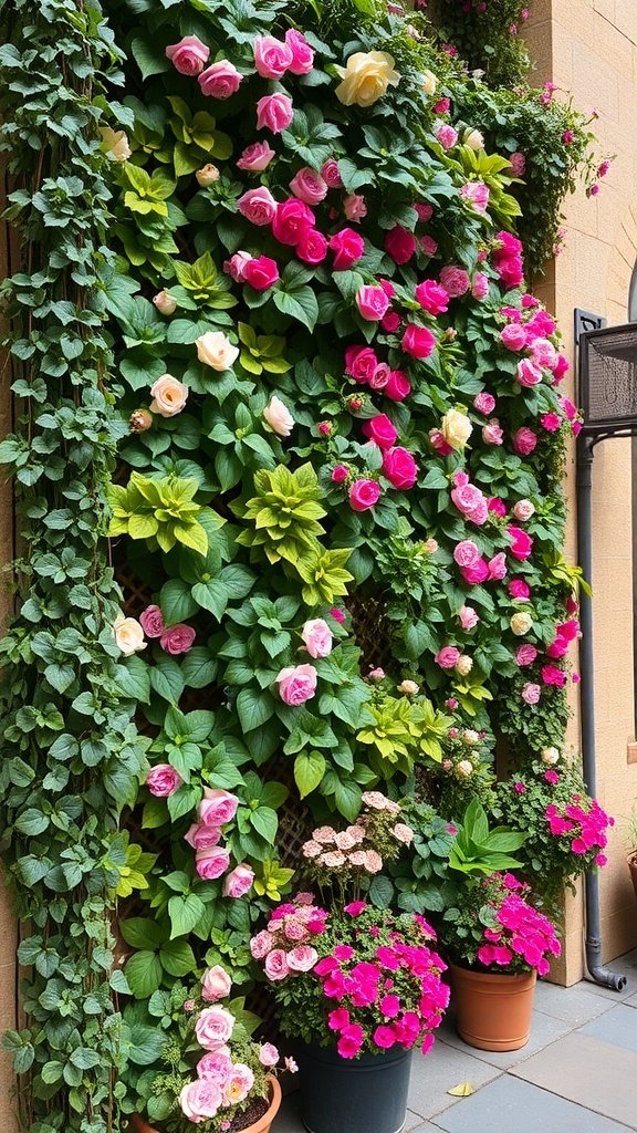 A wall covered with pink flowers and green leaves, showcasing a vertical garden style.