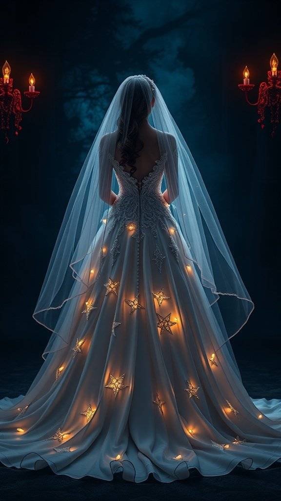 A bride in a wedding dress with twinkling lights and star motifs, standing in a dark setting with candles.