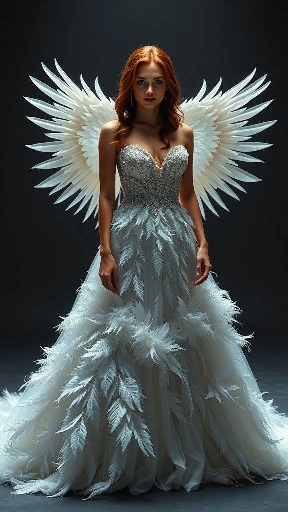 A model wearing a wedding dress inspired by Hawkgirl, featuring feather details and dramatic wings.