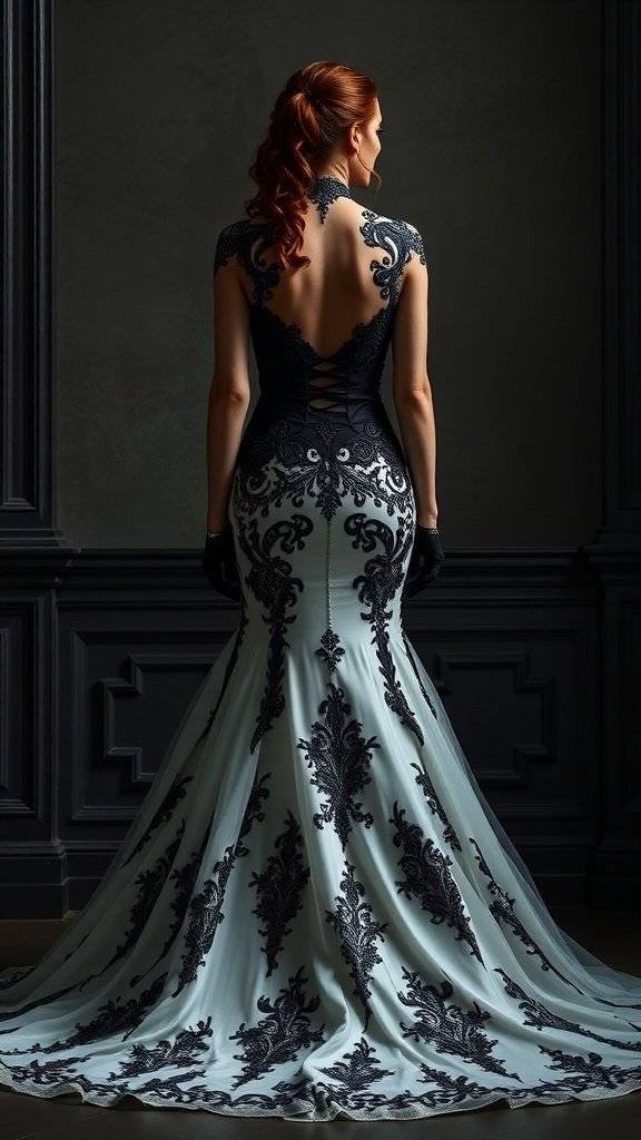 A stunning wedding dress inspired by Black Widow, featuring black lace details and a dramatic train.