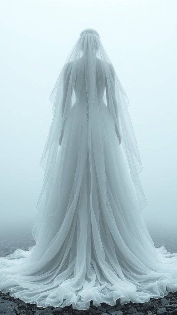 A hauntingly elegant wedding dress inspired by the Silver Banshee, featuring flowing layers and a delicate veil.