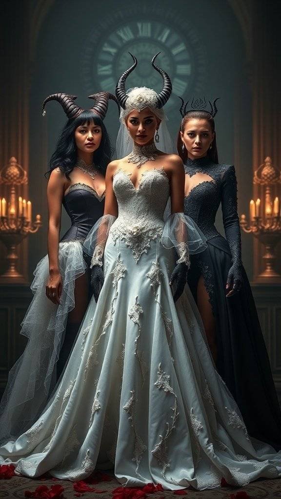 A collection of wedding dresses inspired by Gotham's villains, featuring dark elegant gowns and a striking white dress.