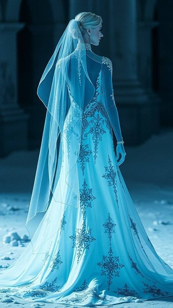 A stunning wedding dress inspired by Mr. Freeze, featuring a soft blue color, intricate beadwork, and a daring back design.