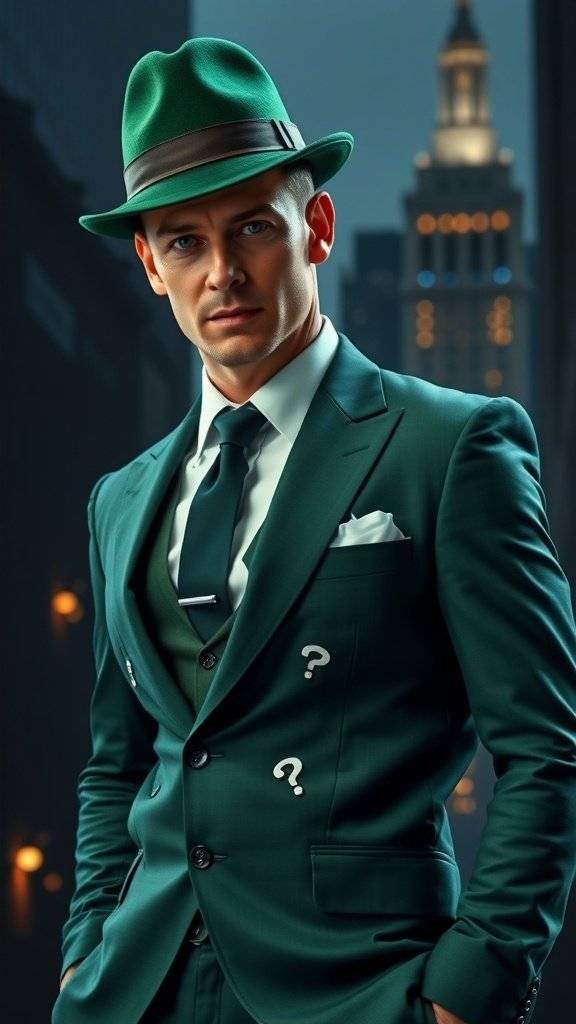 A stylish Riddler costume featuring a green suit and fedora, with a question mark tie.