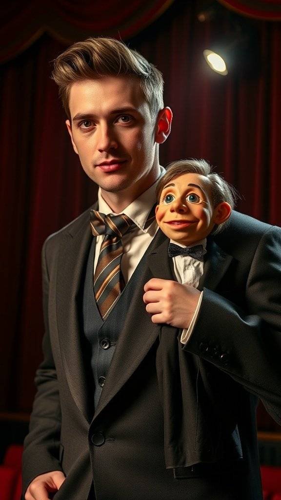 A ventriloquist dummy in a suit under stage lights.