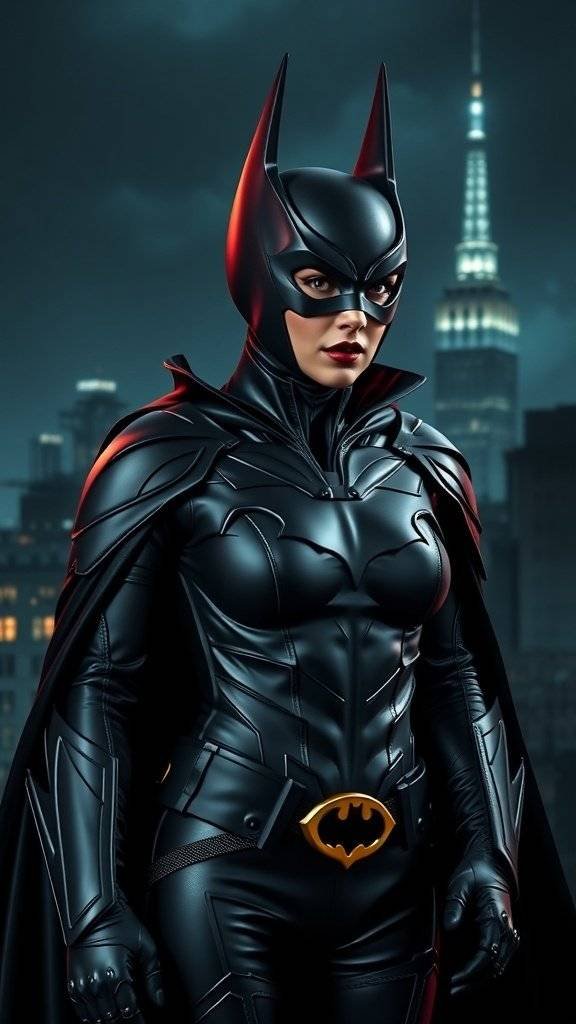 A woman dressed as Batwoman in a sleek black costume with a cape, standing against a Gotham city backdrop.