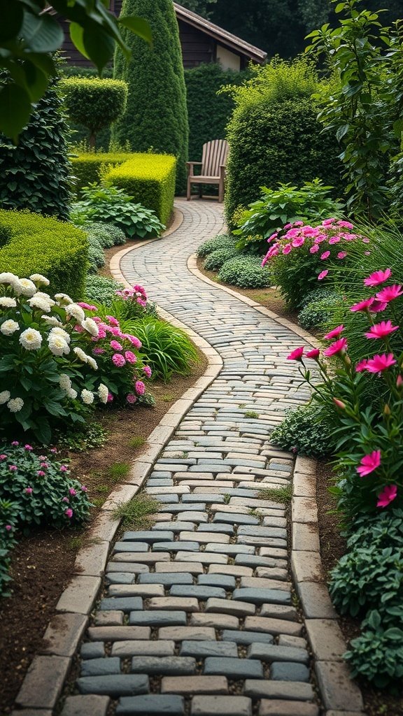 A winding stone path through a lush garden filled with flowers and greenery.