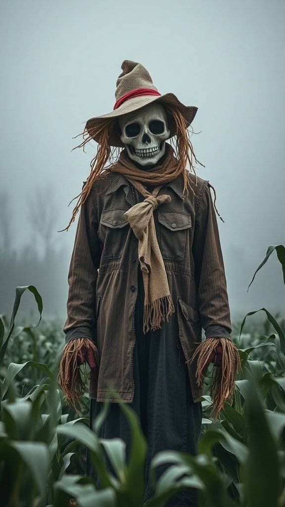 A scarecrow figure with a skeletal face, wearing a brown coat and a hat, standing in a field of corn.