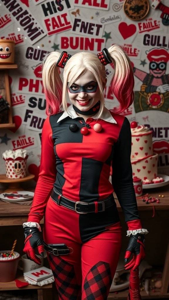 A woman dressed as Harley Quinn with pigtails, wearing a red and black costume, standing in a playful setting.
