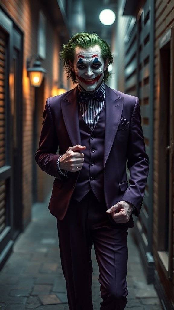 A person dressed as the Joker in a purple suit with dramatic makeup, standing in a dimly lit alley.