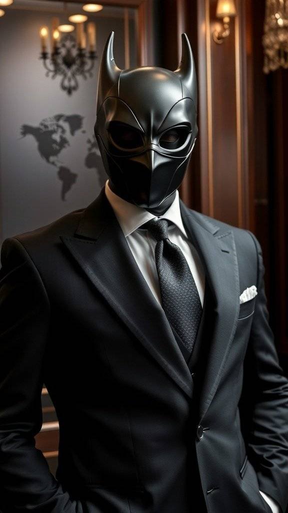 A person in a sleek black suit with a black mask, standing in front of a vintage setting with a sign that reads 'CASK'.